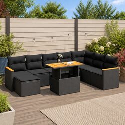 Outdoor Garden Sofa Set 9 Piece Black Poly Rattan Patio Furniture with Storage