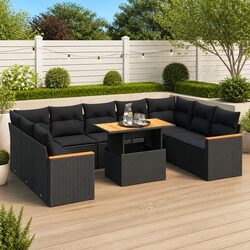 Garden Sofa Set 10 Piece Black Poly Rattan Outdoor Furniture with Cushions