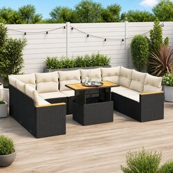 Garden Sofa Set 10 Piece Outdoor Furniture Black Poly Rattan with Cushions