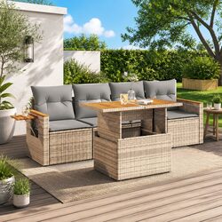 5 Piece Garden Sofa Set Beige Outdoor Furniture Patio Rattan with Cushions