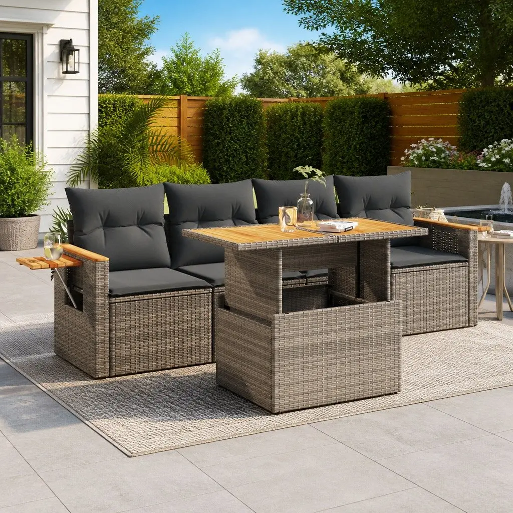 5 Piece Garden Sofa Set Grey Outdoor Furniture Patio Rattan Lounge Cushions