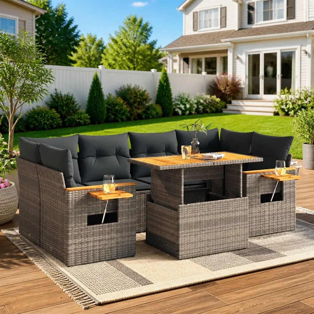 7 Piece Garden Sofa Set Grey Poly Rattan Outdoor Furniture with Cushions Storage