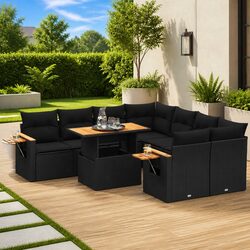 9 Piece Garden Sofa Set Outdoor Furniture Black PE Rattan Patio Lounge with