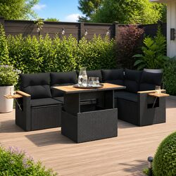 5 Piece Garden Sofa Set Black Poly Rattan Outdoor Furniture with Storage