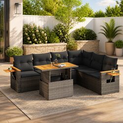Garden Sofa Set 6 Piece Outdoor Furniture Grey Poly Rattan with Cushions Storage