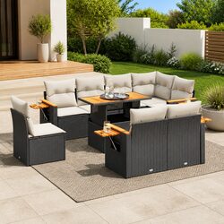 Garden Sofa Set 9 Piece Outdoor Furniture Black Poly Rattan with Cushions