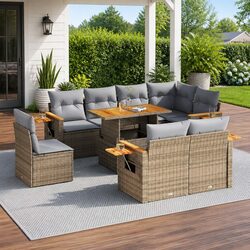 9 Piece Garden Sofa Set Beige PE Rattan Outdoor Furniture Patio Modular Seating