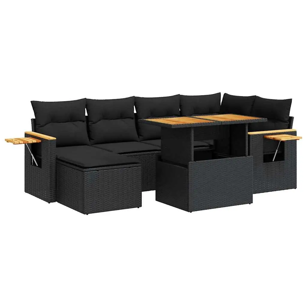 Outdoor Garden Sofa Set 7 Piece Black Poly Rattan Patio Furniture with Cushions