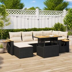 7 Piece Garden Sofa Set Outdoor Furniture Black Poly Rattan with Cushions