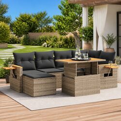 7-Piece Garden Sofa Set Grey Poly Rattan Outdoor Furniture with Storage Cushions