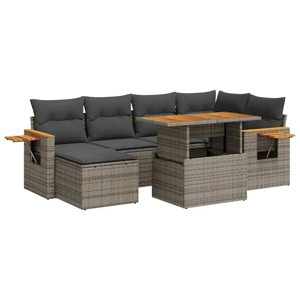 7-Piece Garden Sofa Set Grey Poly Rattan Outdoor Furniture with Storage Cushions
