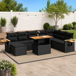 Garden Sofa Set 9 Piece Outdoor Furniture Black Poly Rattan with Cushions