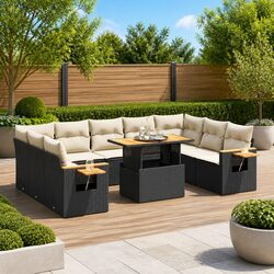 Garden Sofa Set 10 Piece Outdoor Furniture Black Poly Rattan with Cushions