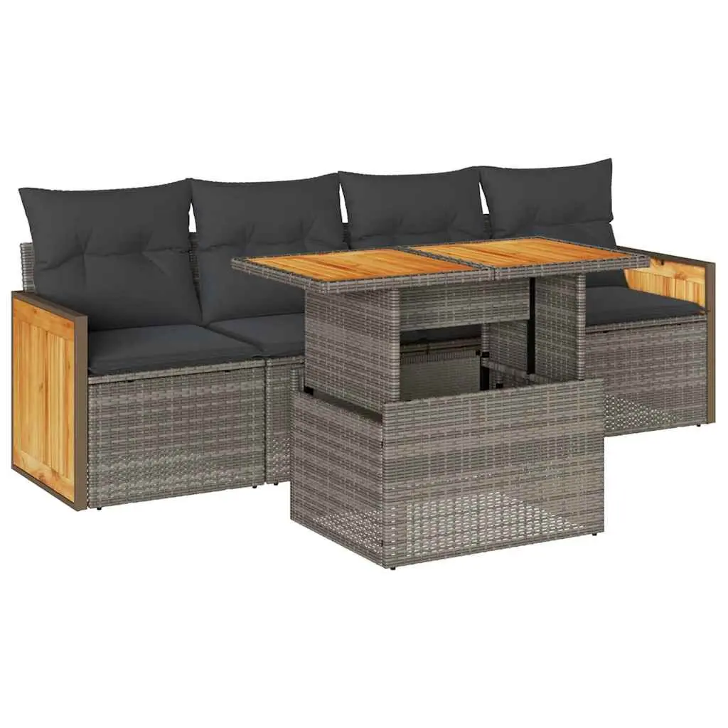 5 Piece Garden Sofa Set Grey Poly Rattan Outdoor Patio Furniture with Cushions