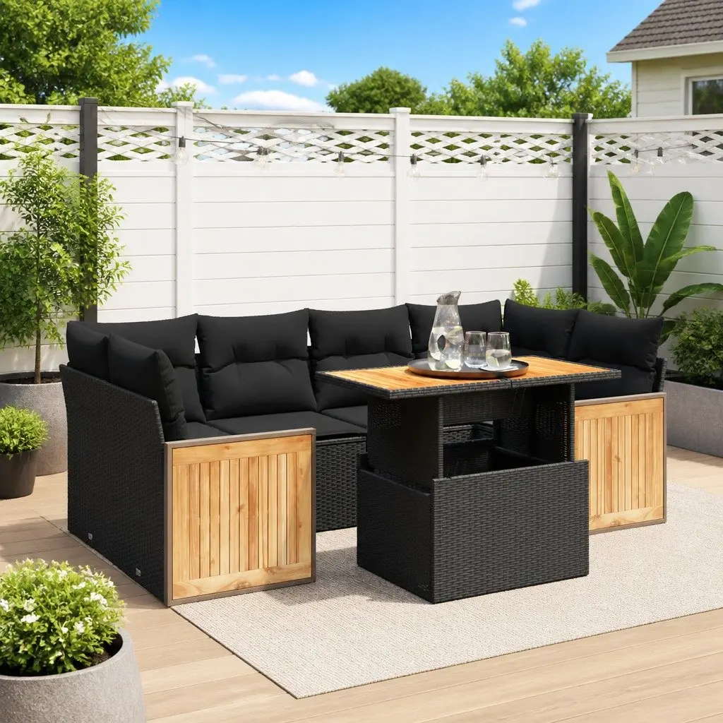 7 Piece Garden Sofa Set with Cushions Black Poly Rattan Outdoor Furniture Patio