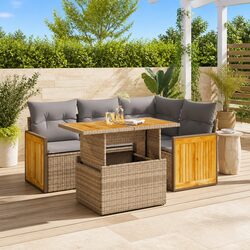 5 Piece Outdoor Garden Sofa Set Beige Poly Rattan Patio Furniture with Cushions