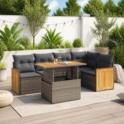 6 Piece Outdoor Garden Sofa Set Grey Poly Rattan Patio Furniture with Cushions