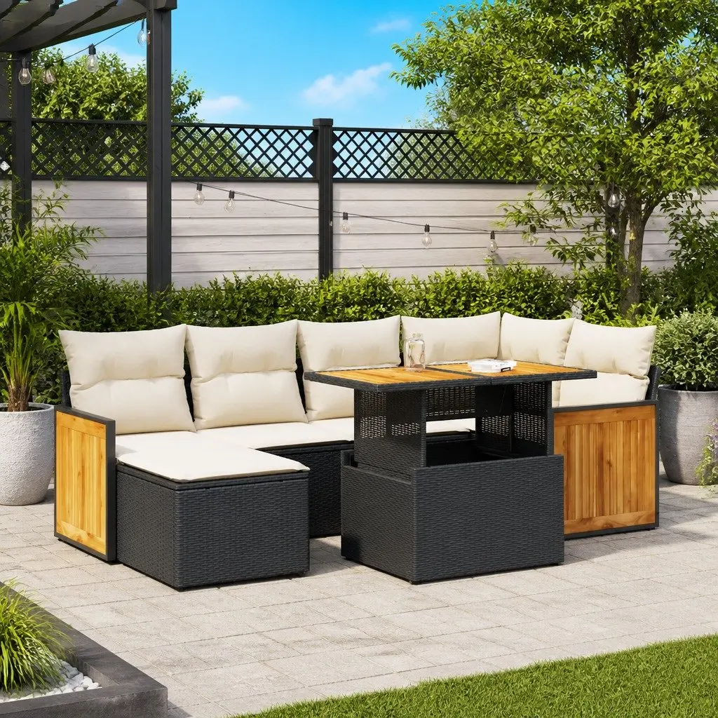 7 Piece Outdoor Garden Sofa Set with Storage Black Poly Rattan Patio Furniture