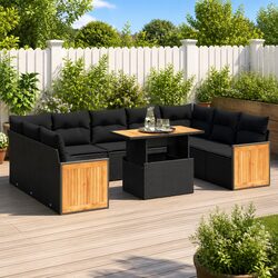 Garden Sofa Set 10 Piece Outdoor Furniture Black Poly Rattan with Cushions