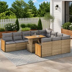 Garden Sofa Set 11 Piece Outdoor Furniture Beige Poly Rattan Patio Seating