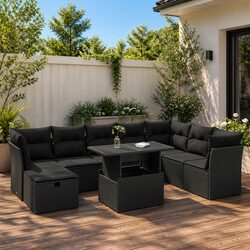Garden Sofa Set 9 Piece Outdoor Furniture Black Poly Rattan Modular Patio