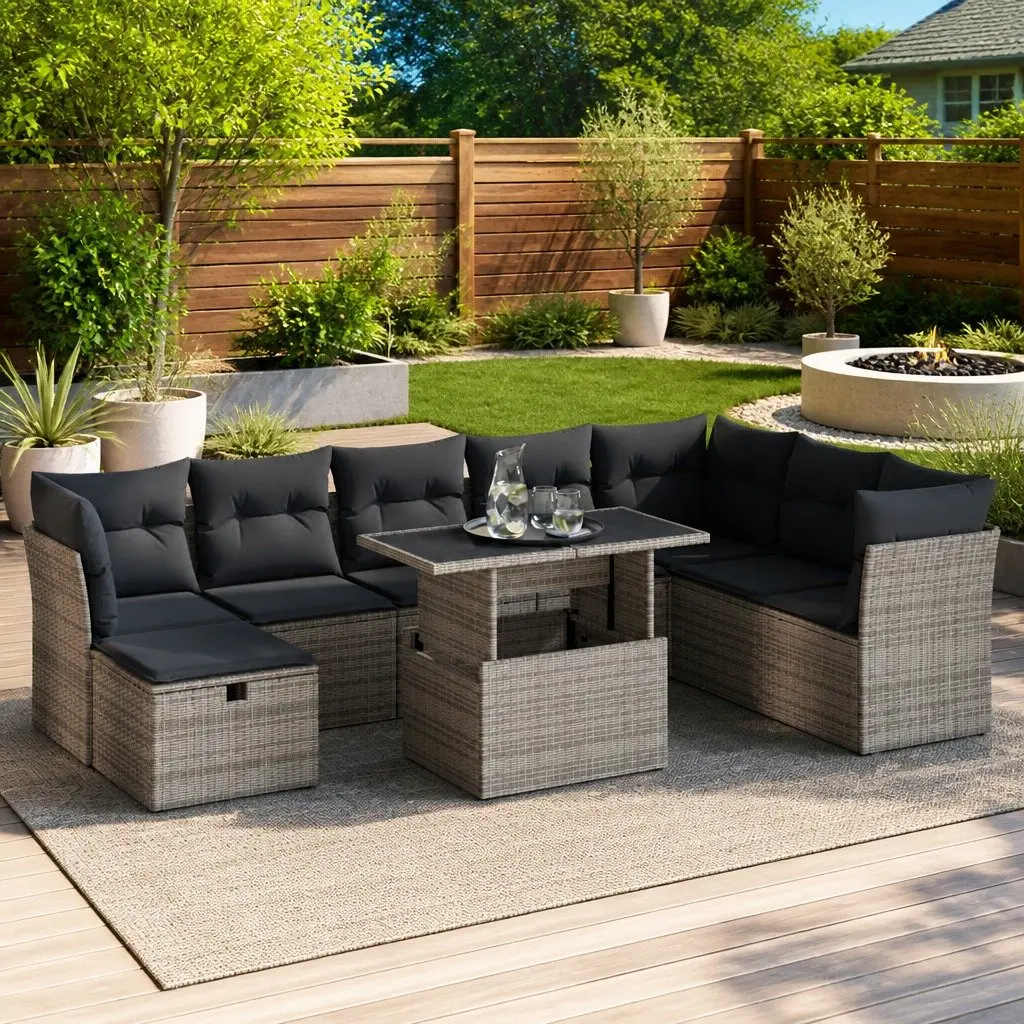 9 Piece Garden Sofa Set Grey Poly Rattan Outdoor Furniture Patio Seating Modular