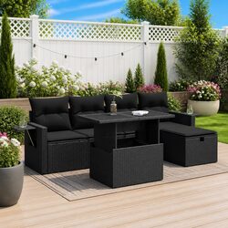 Garden Sofa Set 6 Piece Outdoor Furniture Black Poly Rattan Modular with Storage