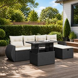Garden Sofa Set 6 Piece Outdoor Furniture Black Poly Rattan Modular with Storage