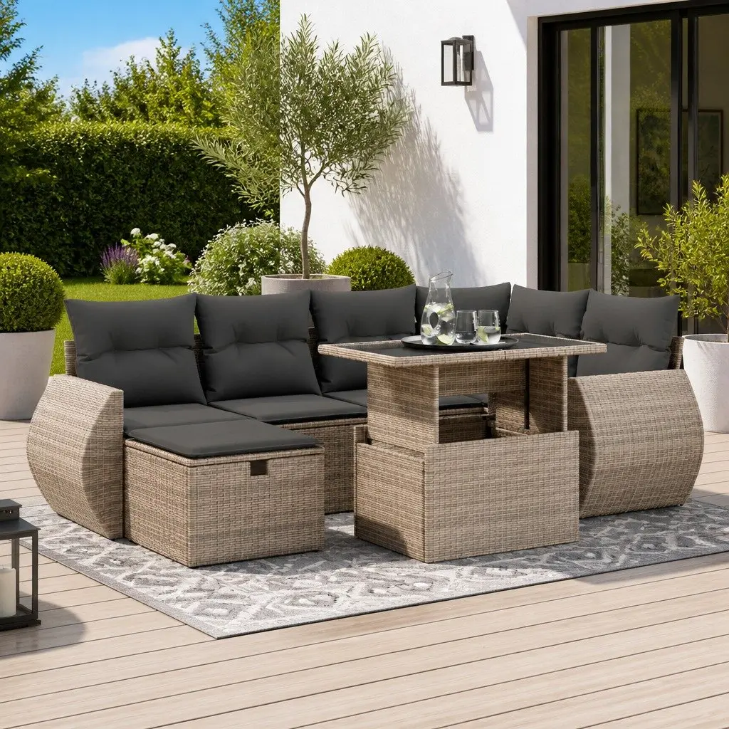 7 Piece Garden Sofa Set Outdoor Furniture Grey Poly Rattan with Cushions Patio