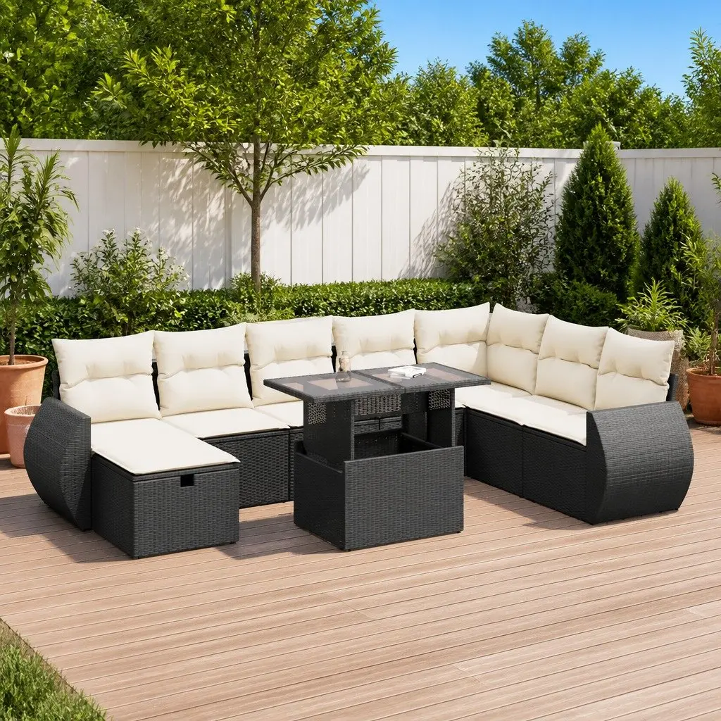 Garden Sofa Set Modular 9 Piece Outdoor Furniture Black PE Rattan