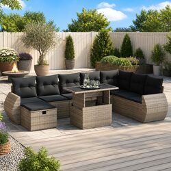 Garden Sofa Set 9 Piece Outdoor Furniture Grey Poly Rattan Patio Seating with