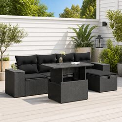 Garden Sofa Set 6 Piece Outdoor Furniture Black Poly Rattan Modular Patio