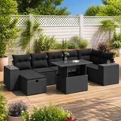 Outdoor Garden Sofa Set 5 Piece Black Poly Rattan Patio Furniture with Storage