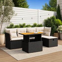 6 Piece Garden Sofa Set with Storage Cushions Black Poly Rattan Outdoor