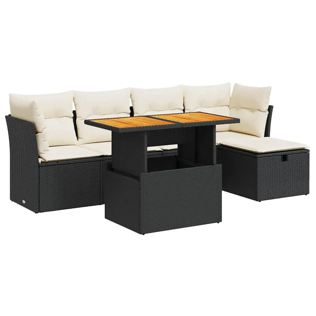 6 Piece Garden Sofa Set with Storage Cushions Black Poly Rattan Outdoor