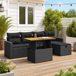 Garden Sofa Set 6 Piece Outdoor Furniture Black Poly Rattan Modular Patio Lounge