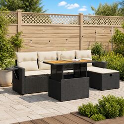 Garden Sofa Set 6 Piece Outdoor Furniture Black PE Rattan with Cushions Storage