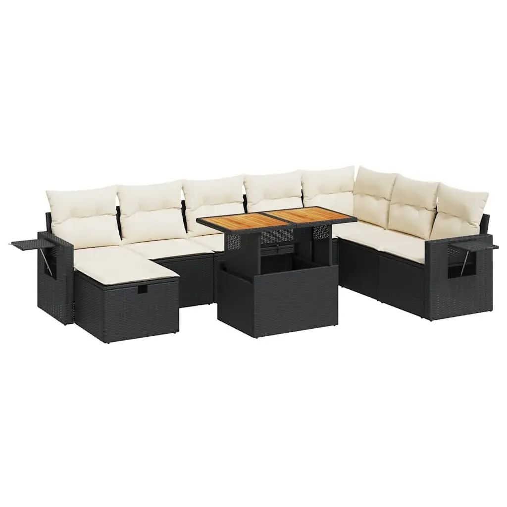Garden Sofa Set 9 Piece Modular Outdoor Furniture Black PE Rattan with Storage Cushions and Foldable Side Table