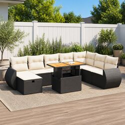 Outdoor Garden Sofa Set 9 Piece Black Poly Rattan Patio Furniture with Cushions