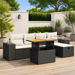 Garden Sofa Set 6 Piece Outdoor Furniture Black Poly Rattan with Cushions