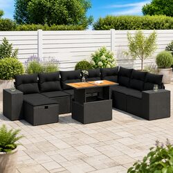 9 Piece Garden Sofa Set with Storage Cushions Black Poly Rattan Outdoor Patio