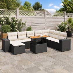 Garden Sofa Set 9 Piece Outdoor Furniture Black Poly Rattan Patio Seating with