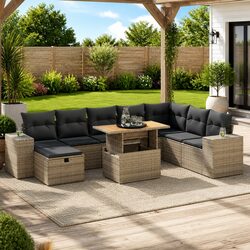Garden Sofa Set 9 Piece Outdoor Furniture with Cushions Grey Poly Rattan