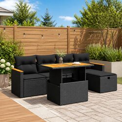 Garden Sofa Set 6 Piece Outdoor Furniture Black Poly Rattan with Cushions