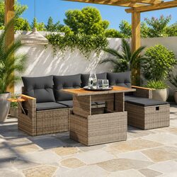 Garden Sofa Set 6 Piece Outdoor Furniture Grey Poly Rattan Patio Sectional with
