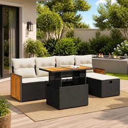 Garden Sofa Set 6 Piece Outdoor Furniture Black Poly Rattan with Storage