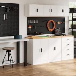 Garage Cabinets 2 Piece White Storage Cabinet with Worktop Workshop Industrial