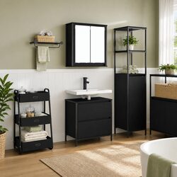 Bathroom Furniture Set 2 Piece Black Oak Engineered Wood Cabinet Mirror Storage