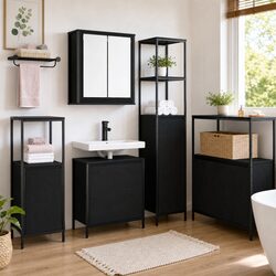 Bathroom Furniture Set 5 Pieces Black Wall Cabinet Shelf Storage Vanity Unit