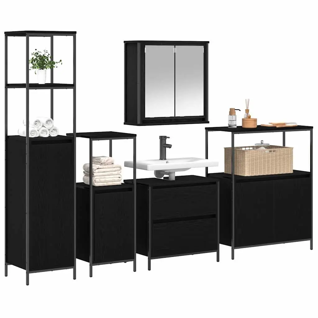 Bathroom Furniture Set 5 Pieces Black Engineered Wood Wall Cabinet Shelf Storage Vanity Unit